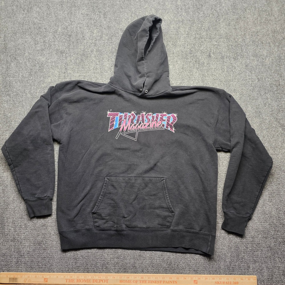 Thrasher Magazine Hoodie Mens Large Black Skate Synthwave Graphic Sweatshirt